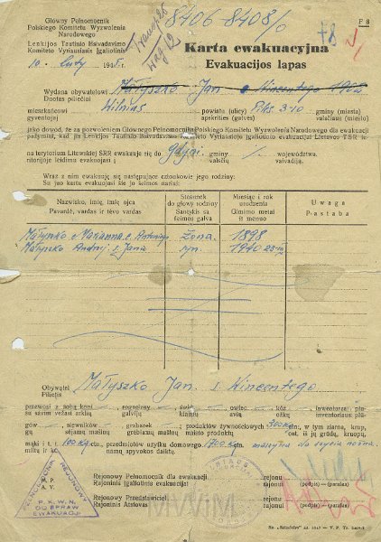 KKE 5317.jpg - Dok. Karta Ewakuacyjna wydana przez PKWN dla Jana Małyszko – syna Wincentego wraz z rodziną, Wilno, 10 II 1945 r.